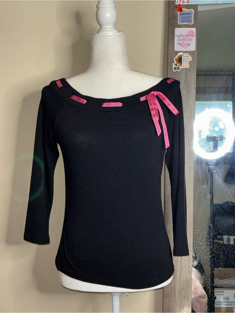 Y2K One Clothing 3/4-Sleeve Boatneck Top Pink Ribbon Trim Neckline Pink Ribbon